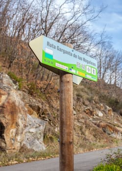 Navaconcejo, Spain - Jan 8th, 2022: Nogaleas ravine track sign post. Navaconcejo, Extremadura, Spain