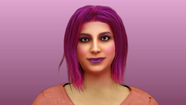 pink hairs woman with orange shirt on purple background make-up girl cartoon 3D illustration