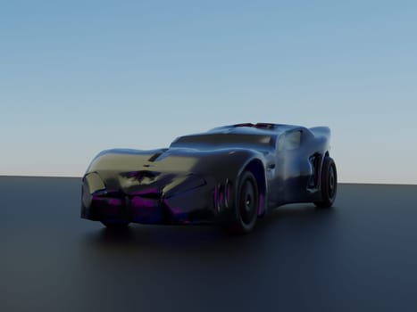 Black luxury car with blue sky on the back, 3d rendering