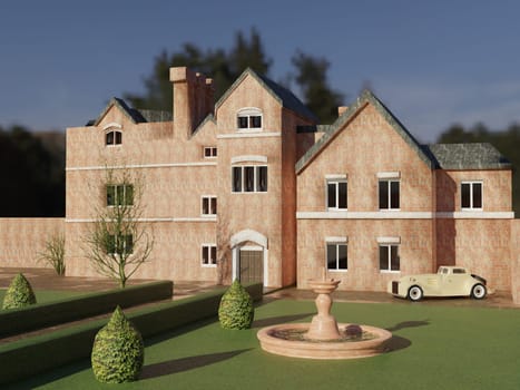 Old villa with park and fountain, 3d rendering