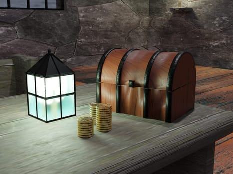 Old trunk with lanterna and money, 3d rendering