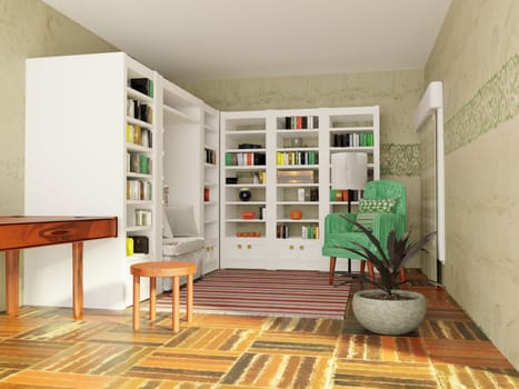 Inside a room with libraries, 3d rendering