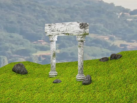 Ancient columns in ruins over field, 3d rendering