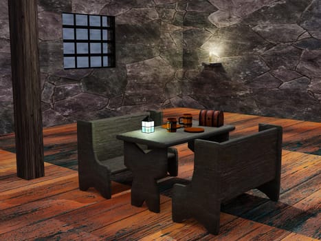 Old tavern with table and trunk, 3d rendering