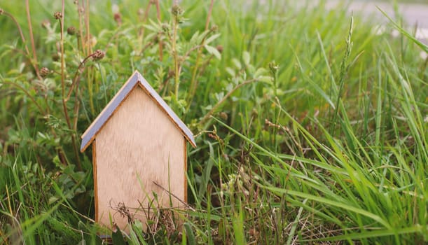 Wooden house in a meadow, buying or renting a housein nature, real estate concept, booking home for vacation, copy space for text