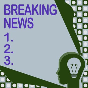 Conceptual caption Breaking News, Business showcase Special Report Announcement Happening Current Issue Flashnews Head With Illuminated Light Bulb With Showing Technology Ideas.