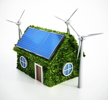 Green house with solar panels on the roof and wind turbines. 3D illustration.