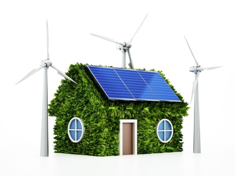 Green house with solar panels on the roof and wind turbines. 3D illustration.