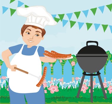 Man Cooking Sausages on Grill