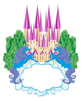 Fairytale frame with magic castle and unicorns