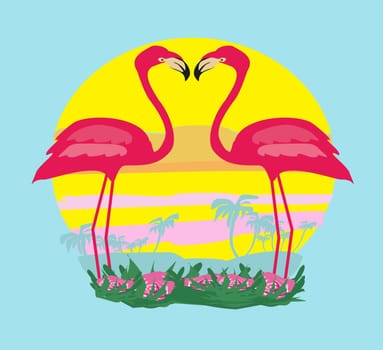 sunset and pink flamingos