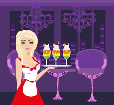 Sexy waitress serves colorful drinks