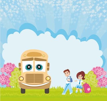 School bus and happy children