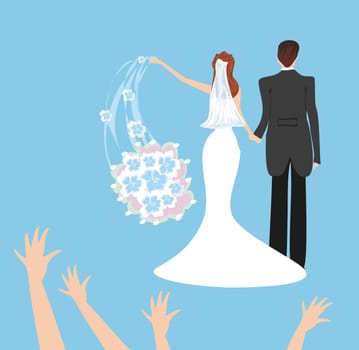 wedding couple, bride throws her wedding bouquet