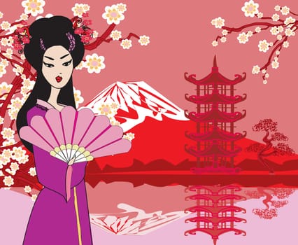 Card with Asian buildings and Mount Fuji.