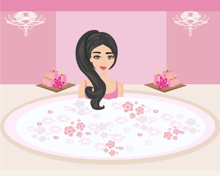 Woman bathing in bathtub in beautiful bathroom.