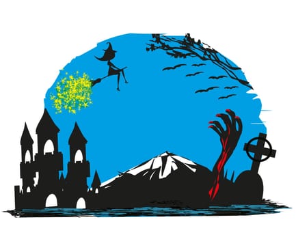 Witch flying on a broom in moonlight