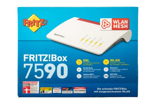 WETZLAR, GERMANY 2022-04-12: FRITZ BOX 7590. FRITZ!Box, is a series of residential gateway devices produced by the German company AVM GmbH