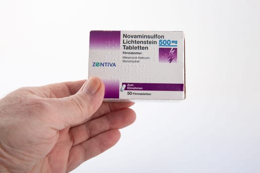 WETZLAR, GERMANY - 2022-04-05: Novaminsulfon Lichtenstein Pills 500mg - is a prescription Painkiller with the active ingredient Metamizole.