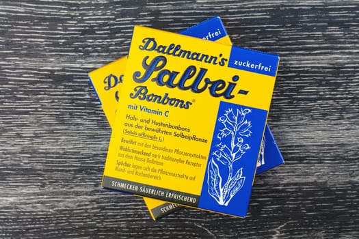 HUETTENBERG, GERMANY 2022-03-14: Dallmann's cough drops. Since 1889, Dallmann's cough drops made from the best ingredients to a well-kept secret recipe.