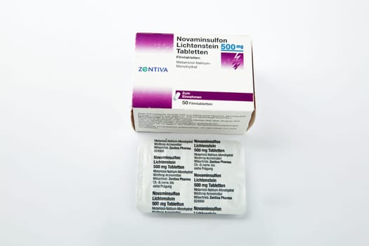 WETZLAR, GERMANY - 2022-04-05: Novaminsulfon Lichtenstein Pills 500mg - is a prescription Painkiller with the active ingredient Metamizole.