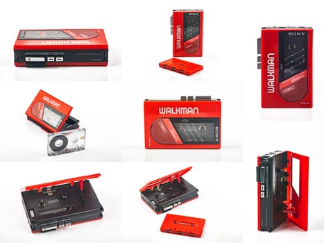 WETZLAR, GERMANY: 2022-04-16: Beautiful collage from red vintage SONY WALKMAN WM-24 over bright background.