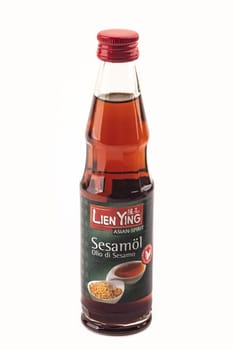 HUETTENBER, GERMANY - 2022-02-03: Image of a bottle of LIEN YING Sesame Oil. The Lien Ying range includes delicious sauces.