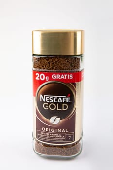 WETZLAR, GERMANY - 2022-04-05: Nescafe Gold Instant Coffee white background.