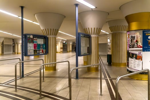 Frankfurt am Main, GERMANY: 09 October 2021: Passenger Area with Art Nouveau pillars in Frankfurt Main.
