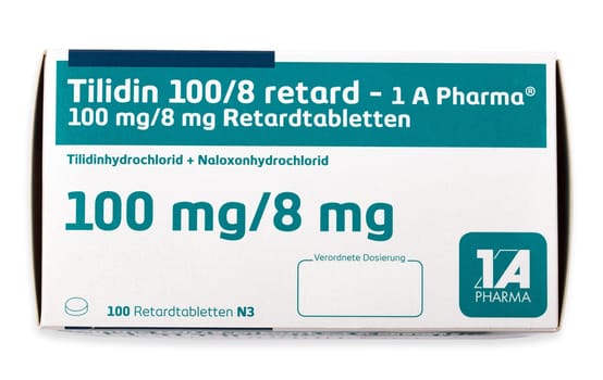 HUETTENBERG, GERMANY 2022-02-02: Box of TILIDIN Painkiller Medicine. Tilidin is a pain-relieving drug from the group of opioids.