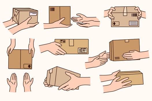 Set of people hands with cardboard post package delivery. Collection of courier or deliveryman with postal carton parcel. Order delivering to customer. Shipping service. Vector illustration.
