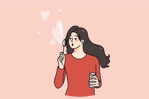 Happy young woman blow soap bubbles with heart shape. Kind girl share spread love and care. Concept of volunteering and charity. Donation and philanthropy. Flat vector illustration.