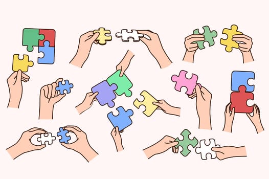 Collection of people hands holding connection jigsaw puzzles engaged in hobby activity. Set of person join puzzle find best solution or answer. Problem solving. Game and hobby. Vector illustration.