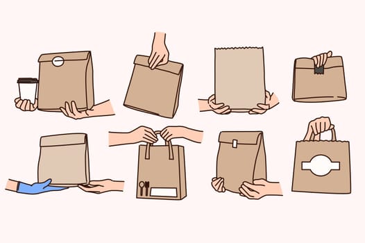 Set of people with paper bags with food delivery. Collection or courier deliver order or products in parcel to client. Shipping and takeaway meal. Covid life restrictions. Vector illustration.