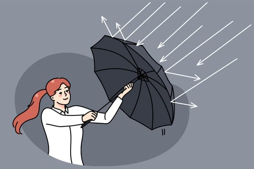 Successful businesswoman use umbrella protect from rain. Concept of investment and profit. Stock exchange and banking stability. Finances and money income. Flat vector illustration.