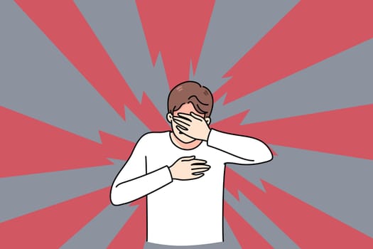 Unhappy young man cover eyes suffer from panic attack or anxiety need psychological help. Stressed guy struggle with depression or mental problems feel distressed. Vector illustration.