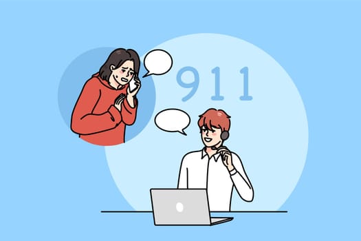 Scared woman call emergency line operator tell about health problem. Anxious unwell female dial urgent medical care unit for help or first aid. Healthcare and medicine. Vector illustration.