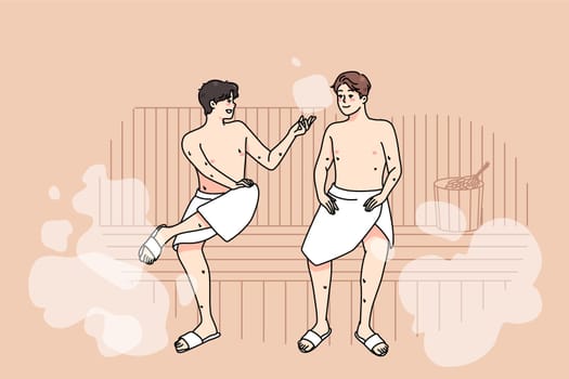 Happy male friends in towels relax in sauna on weekend together. Smiling men enjoy bathhouse relaxation, rest in spa or wellness center. Relaxation and recreation. Vector illustration.