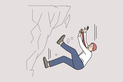 Stressed businessman fall down from rock suffer from work failure or crisis. Unhappy male employee have professional or job fiasco struggle breakdown. Flat vector illustration.