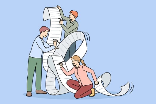 Team of employee work together signing agreement in office. Diverse businesspeople or colleagues put signature on paperwork close deal or contract. Partnership. Vector illustration.