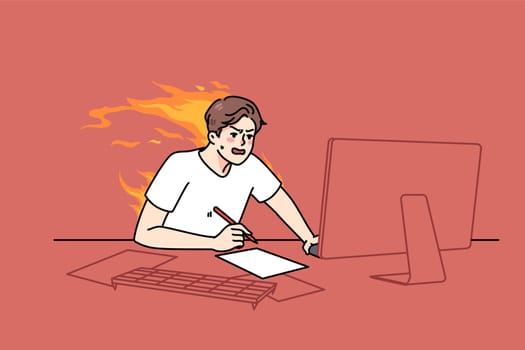 Stressed guy sit at desk work on computer try meet burning deadline. Distressed man hurry working in rush on PC finishing project. Overload and job burnout. Flat vector illustration.