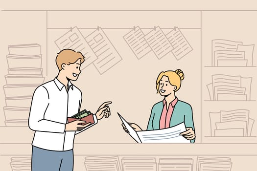 Smiling buy magazine at street newsstand with press. Happy male client purchase newspaper in outdoor kiosk or stall. Print media and entertainment. Flat vector illustration.
