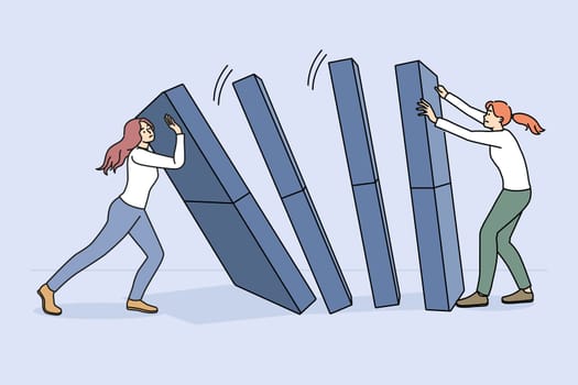 Businesswoman hold domino prevent from falling down. Concept of domino effect and chain reaction. Risky business project or idea, financial company crisis. Flat vector illustration.