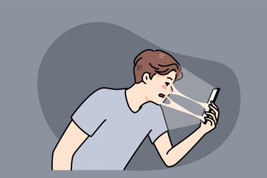 Young guy connected sealed to smartphone suffer from technology addiction problem. Man addicted to cellphone and social media, tied to online communication. Flat vector illustration.
