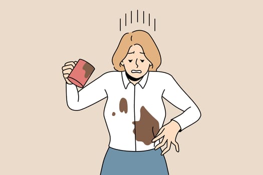 Distressed businesswoman spill coffee on blouse. Unhappy woman douse herself with drink. Clumsy careless female accident at workplace. Vector illustration, cartoon character.