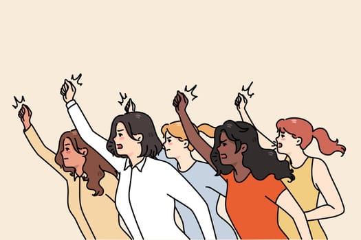 Determined women struggle for equal rights on protest or demonstration. Female activists or leaders struggle for equality. Social justice warrior, girl power and feminism. Vector illustration.