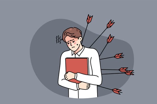 Unhappy male employee with arrows in back struggle with business betrayal. Upset stressed businessman betrayed by colleagues or coworkers. Rivalry and competition. Vector illustration.