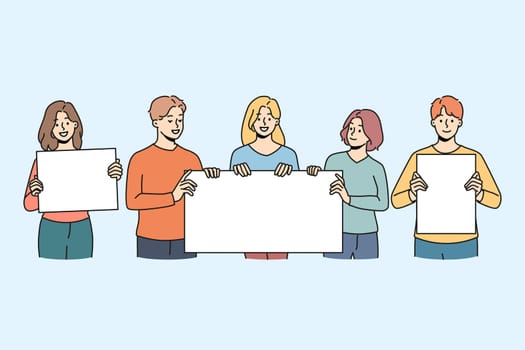 Diverse people protesters with mockup placards on manifestation or protest. Men and women activists with banners or signs on street demonstration or revolution. Vector illustration.