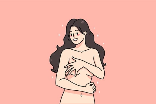 Happy young naked woman isolated on pink studio background cover body with hands. Smiling sexy millennial girl with no clothes on hide figure. Art and nudity. Vector illustration.