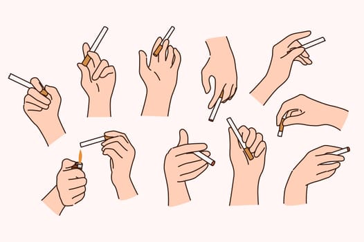 Set of people hands with cigarette. Collection of smoker bad habit. Concept of unhealthy lifestyle and addiction. Smoking life. Flat vector illustration.